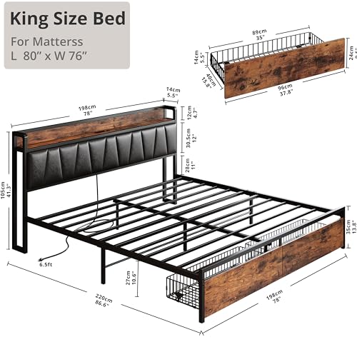 Full Size Bed Frame with Storage Headboard and Drawers, No Box Spring Needed C521