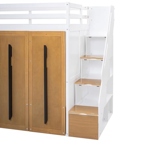 Twin Size Loft Bed with Two-Tone Stairs Storage and Full-Length Guardrails C8237