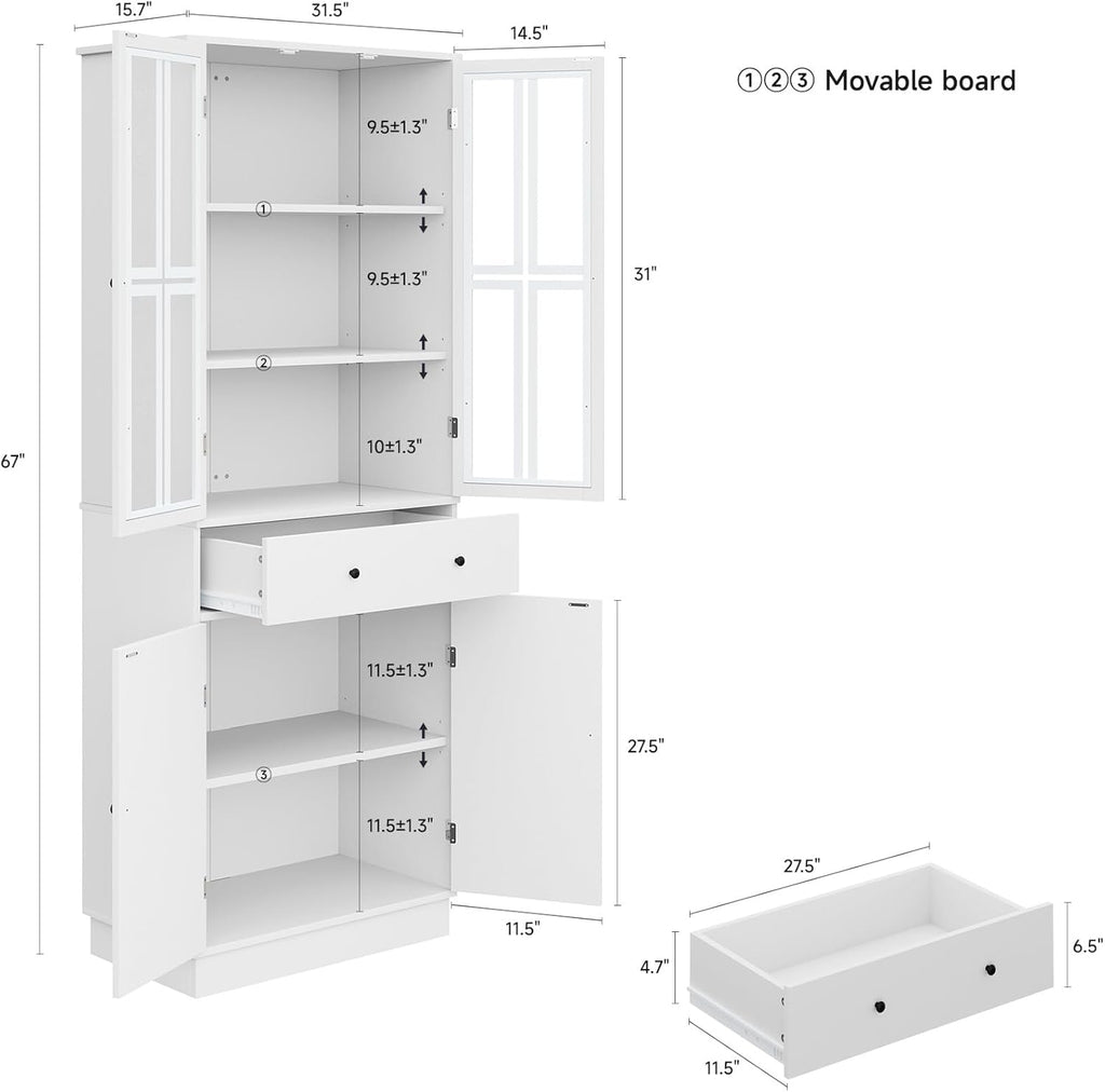 Tall Pantry Cabinet with Glass Doors and Drawer, Freestanding Storage Cupboard, White T455479