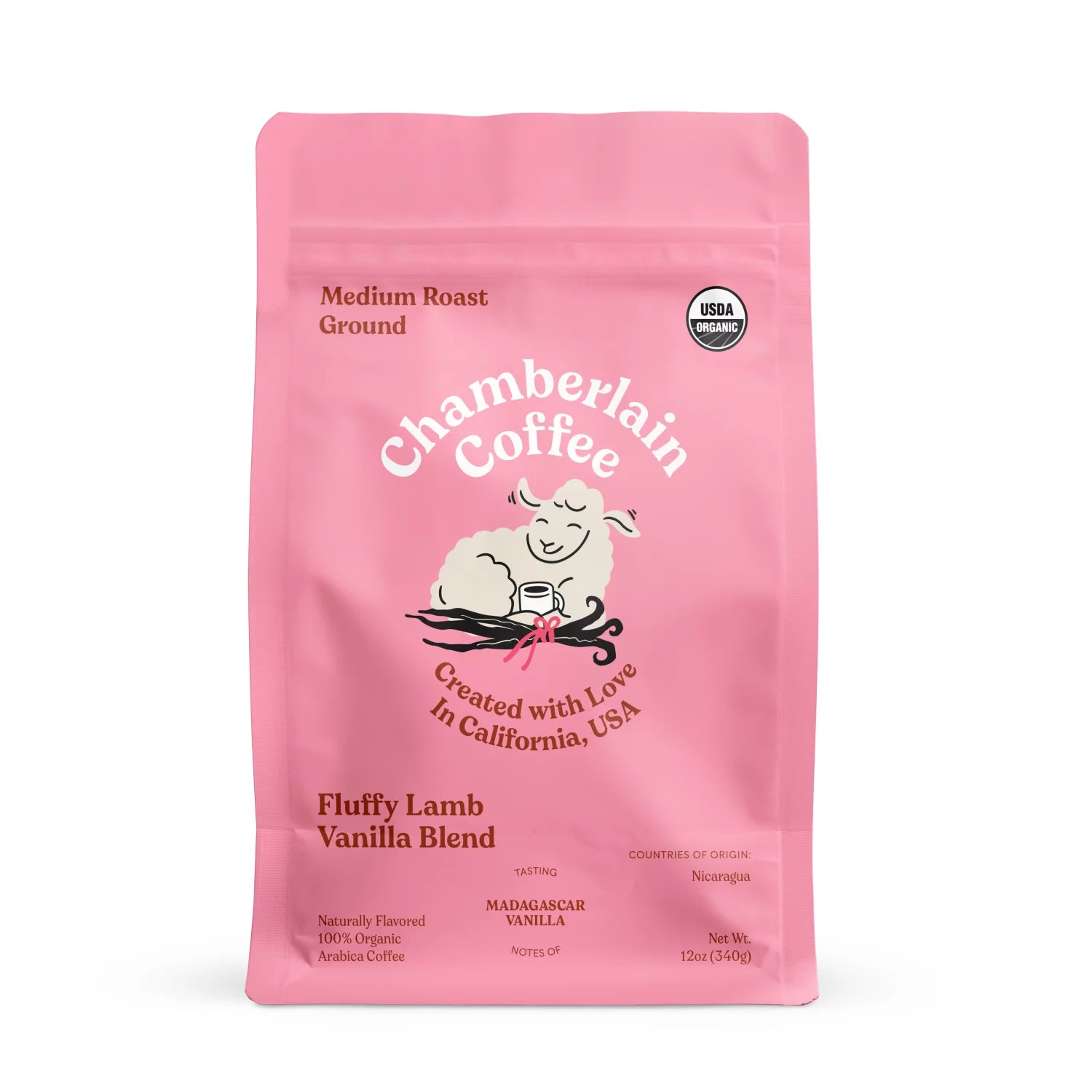 Chamberlain Coffee, Fluffy Lamb Vanilla Medium Roast Grounds Bag, Naturally Caffeinated, 12 oz
