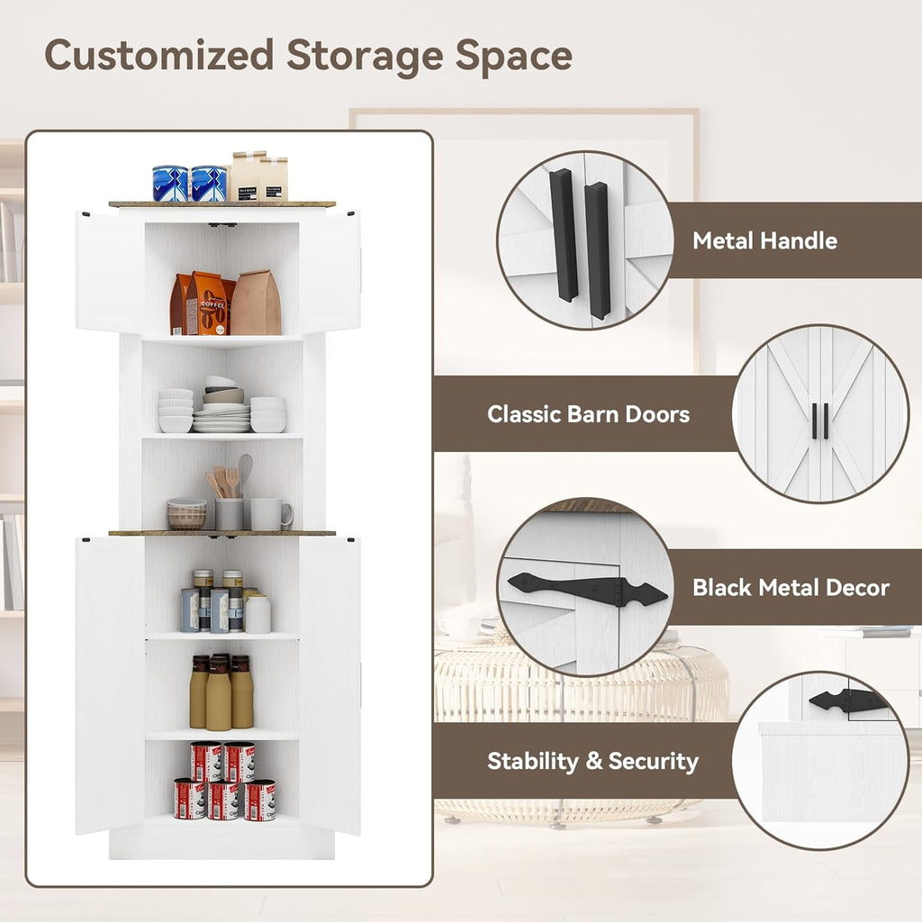 Tall Corner Cabinet, 68" Farmhouse Storage with 4 Barn Doors & Adjustable Shelves G12034
