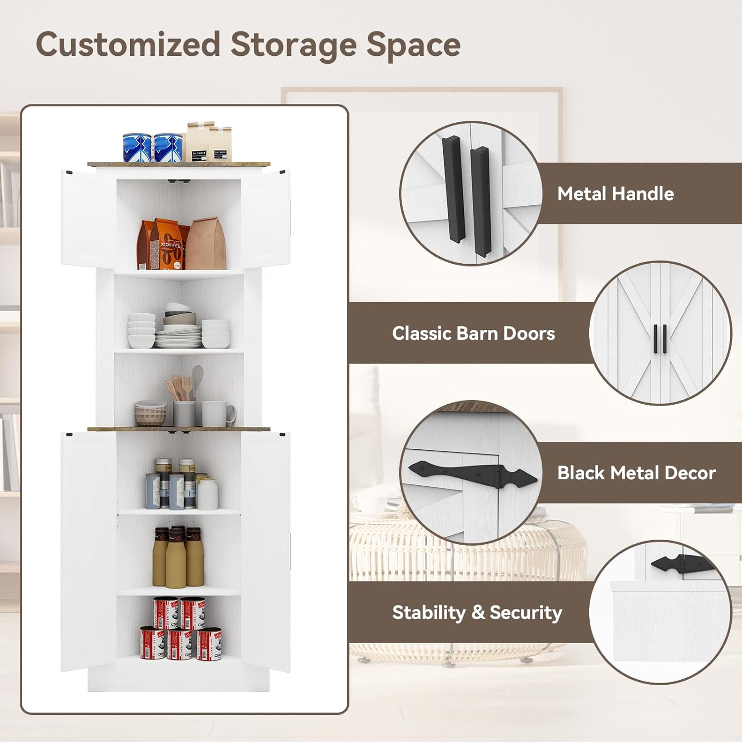 Tall Corner Cabinet, 68" Farmhouse Storage with 4 Barn Doors & Adjustable Shelves G12034