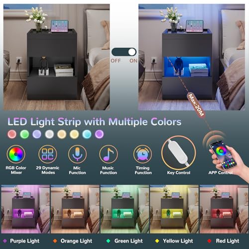 Set of 2 Nightstands with Charging Station and LED Lights, Glass Top Bedside Tables U913
