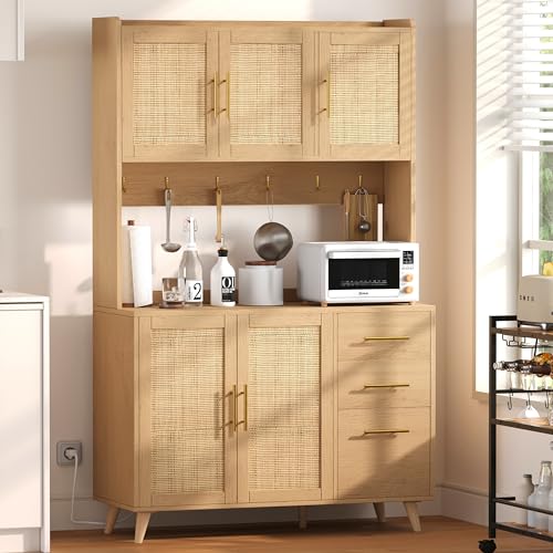 70.9" Kitchen Pantry Cabinet with Microwave Shelf, Rattan Hutch with Charging Station, Tall Floor Cupboard with Drawers and Doors, Black and Natural E348