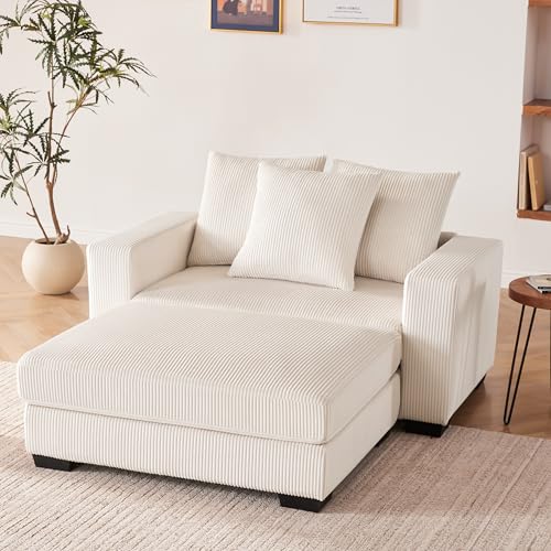 58.3" Comfy Deep Seat Oversized Chaise Lounge Indoor for Living Room, Solid Wood Sleeper Reclining Chair with Thickened Cushions Widened Armrests for Bedroom, Lounge Chair with Ottoman, Grey