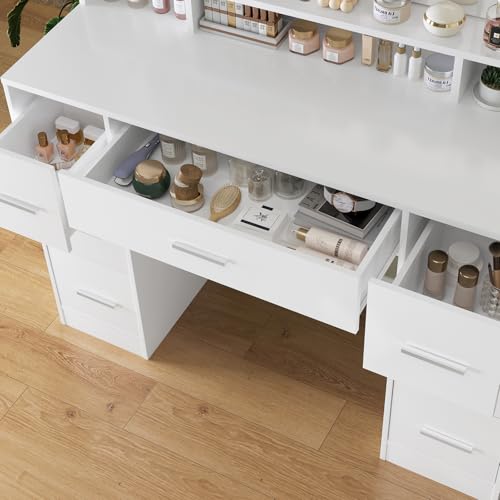 Vanity Desk with Lighted Mirror, 7 Drawers, 3 Lighting Colors, White X572