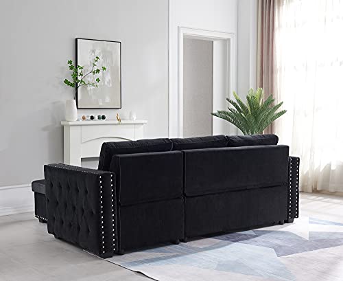 Black Sectional Sofa with Storage Chaise, L-Shaped Sleeper Sofa Bed L629