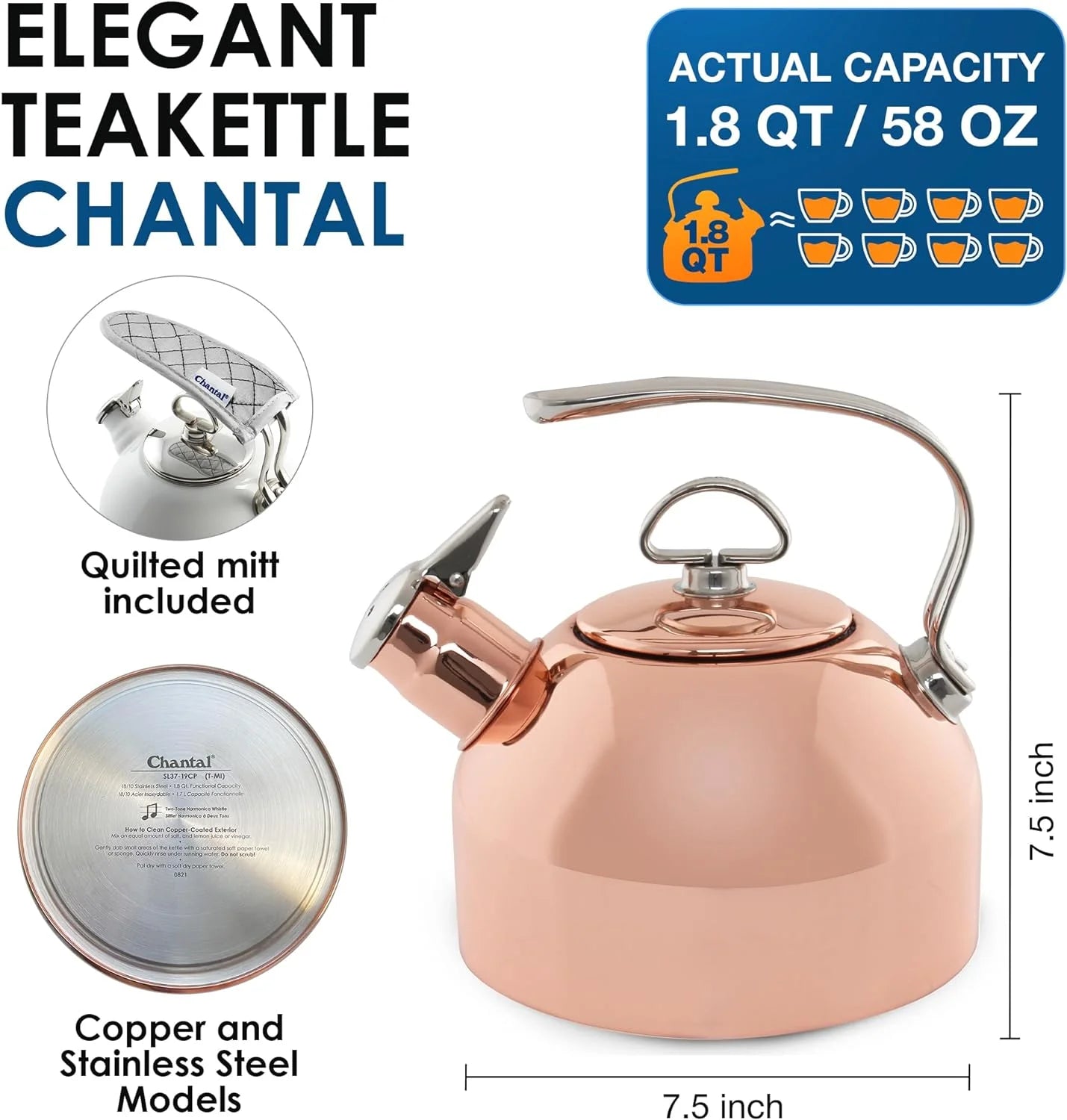 Copper Teakettle, 1.8 QT, Rapid Boil H7142