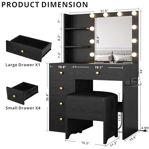 Vanity Desk with Mirror and Lights, 5 Drawers, Power Outlet, Stool C1758