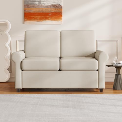 Pull Out Sofa Bed with Twin Mattress Pad for Living Room, Beige S87451