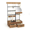 FICTOR Jewelry Holder Organizer Jewelry Stand, Necklace Holder with Mirror Earrings Rings Tray, Bracelet Holder Rustic Display Rack with 9 Hooks, 2 Drawers, 4 Tier