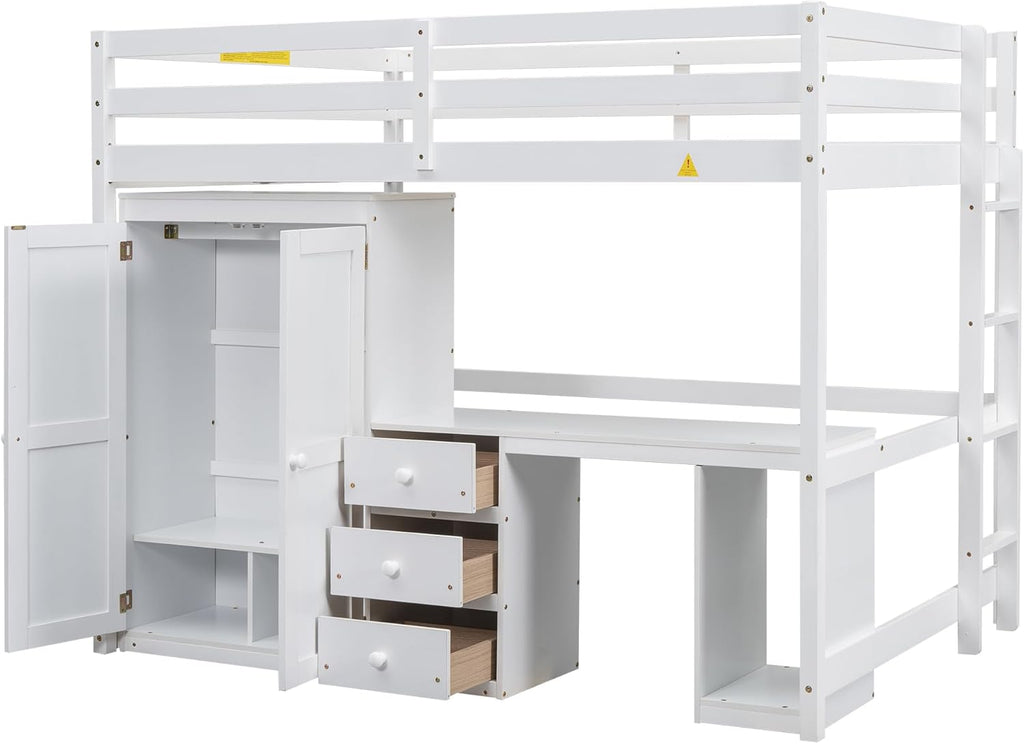 Loft Bed with Desk, Storage Drawers & Wardrobe for Kids, Solid Wood with Ladder and Safety Guardrails, White O62015