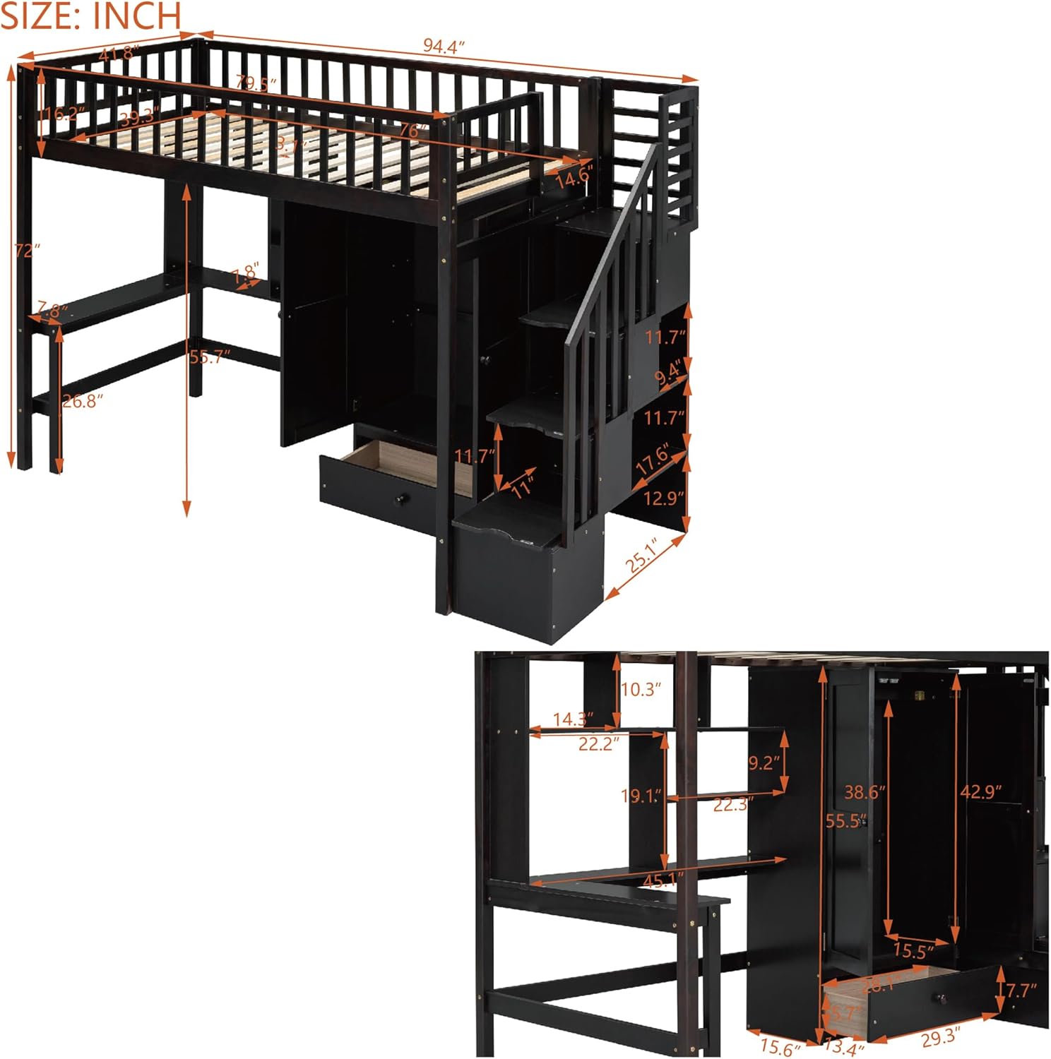 Twin Size Loft Bed with Stairs, Desk, Bookshelf, Drawers and Wardrobe, Solid Wood Frame Q2518