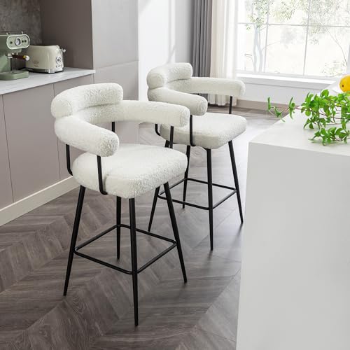 ONEVOG 27 inch Swivel Counter Stools, Beige Modern Counter Height Bar Stools Chairs with Curved Back and Arms, Comfy Fabric Barstools for Kitchen Island, Set of 2, Metal Leg