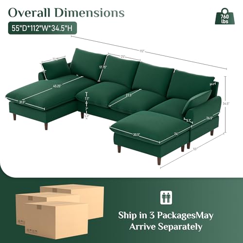 U Shaped Sectional Sofa with Ottoman, Cream White A712319