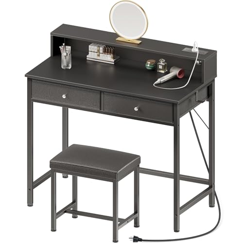 Seventable Vanity Desk without Mirror, Makeup Vanity with Drawers and Charging Station, Small Desk with Storage for Bedroom, Simple Home Office Computer Desk for Small Spaces, Black