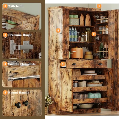 Kitchen Pantry Cabinet with Sliding Storage Rack and Hanging Shelves, 72" Tall Freestanding Cupboard E53271
