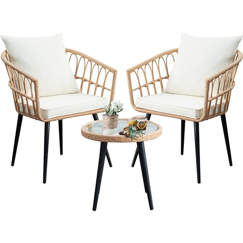 3 Pieces Patio Bistro Set, Outdoor Wicker Table and Chairs Set of 2, Rattan Balcony Furniture Set with Cushions for Front Porch Apartment Backyard Deck,Beige