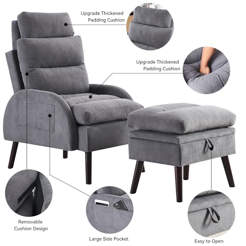 Velvet Lounge Chair with Ottoman and Adjustable Backrest, Beige V54243