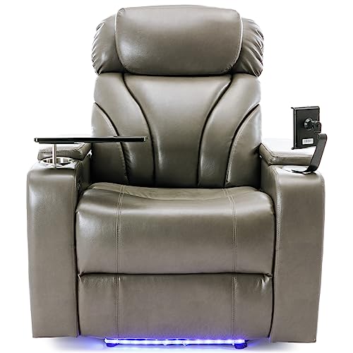 Power Motion Recliner PU Leather Reclining Chair w/Hidden Arm Storage,Swivel Tray &Cup/Pad Holder for Living Room,Electric Single Sofa Club Chair w/USB,LED &Stereo System for Home Theater (Light Grey)
