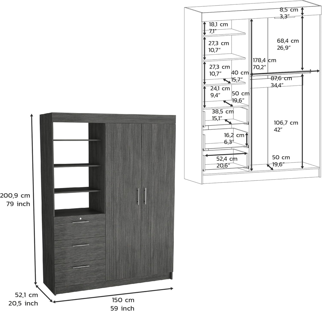 Wooden Wardrobe with 2 Doors, 3 Drawers, Shelves and Hanging Rod L67527