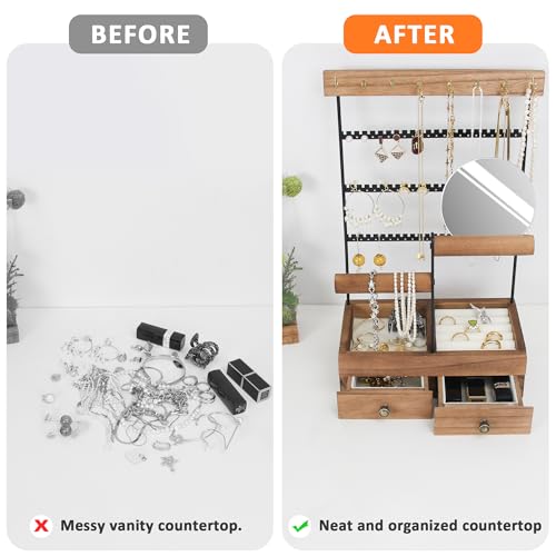 Jewelry Holder Organizer with Mirror, 9 Hooks and 2 Drawers U4195
