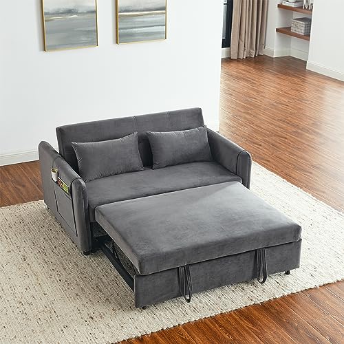 Convertible Sofa Bed with Pull-Out Bed, Velvet, Adjustable Backrest, Grey Q843