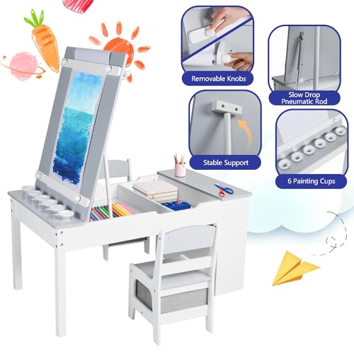 Kids Art Table & Easel Chair Set, 3 in 1 Wood Activity Table with Storage N8178