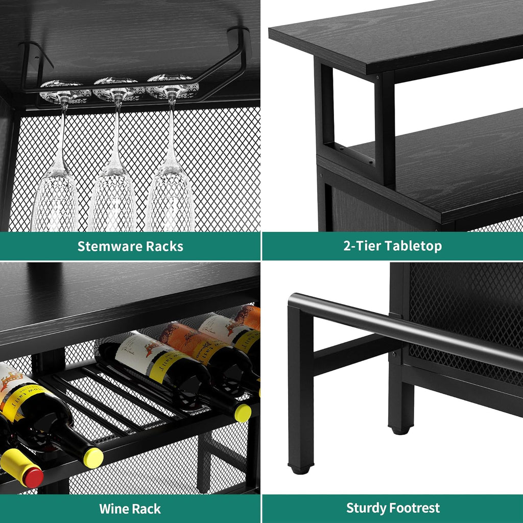 L Shaped Mini Home Bar Unit with Music Sensing LED Light and Wine Rack Y696994