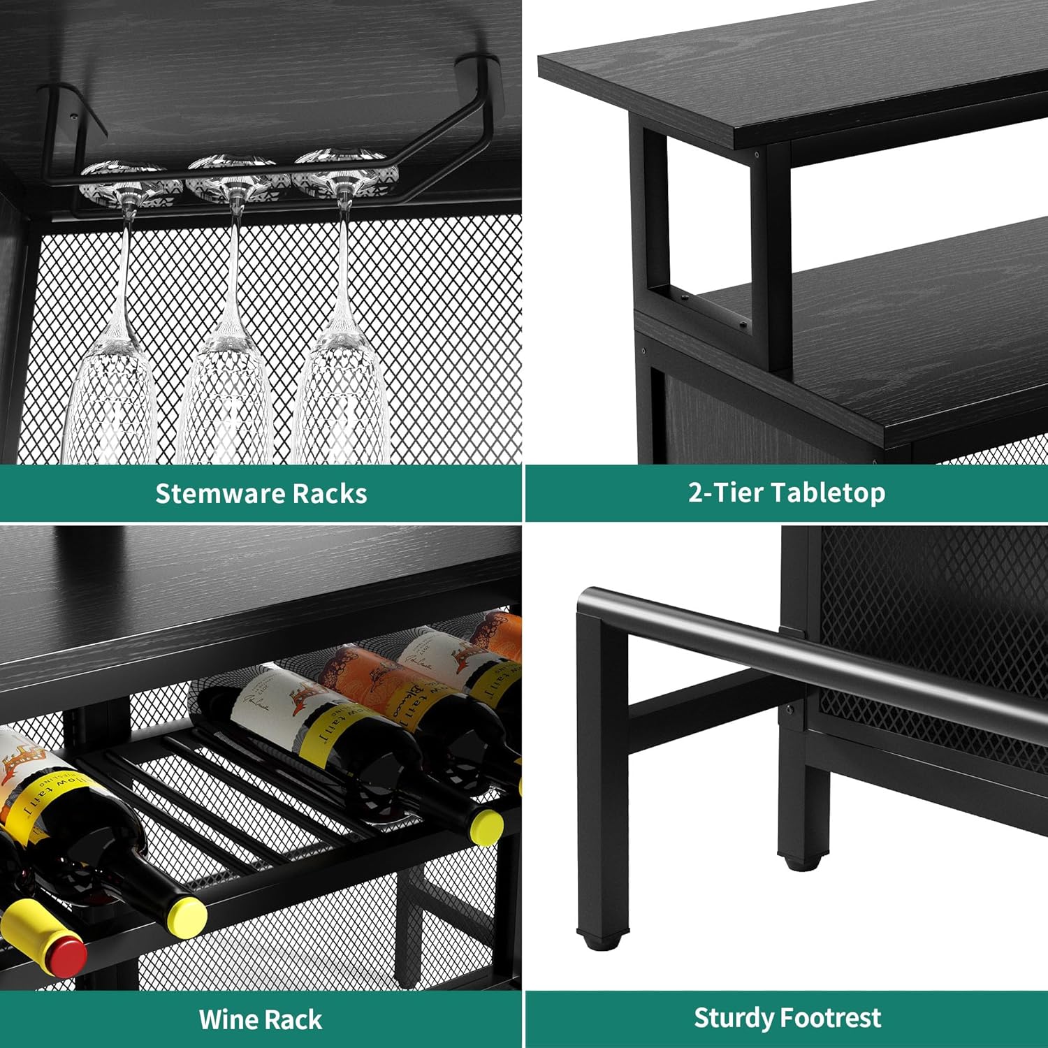 L Shaped Mini Home Bar Unit with Music Sensing LED Light and Wine Rack Y696994