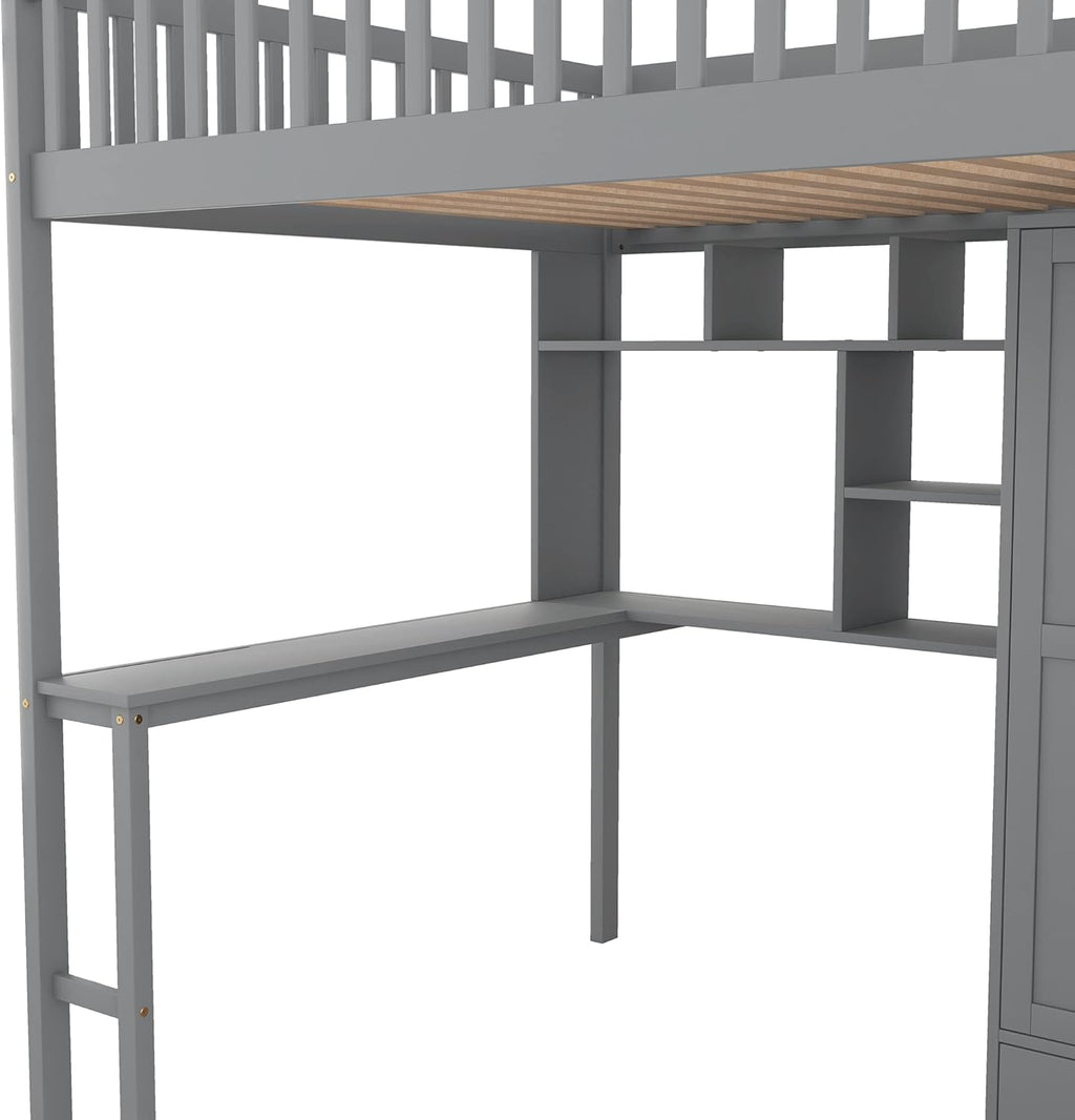 Full Size Loft Bed with Stairs, Desk, Bookshelf, Storage Drawers and Wardrobe, Solid Wood Frame Y463750