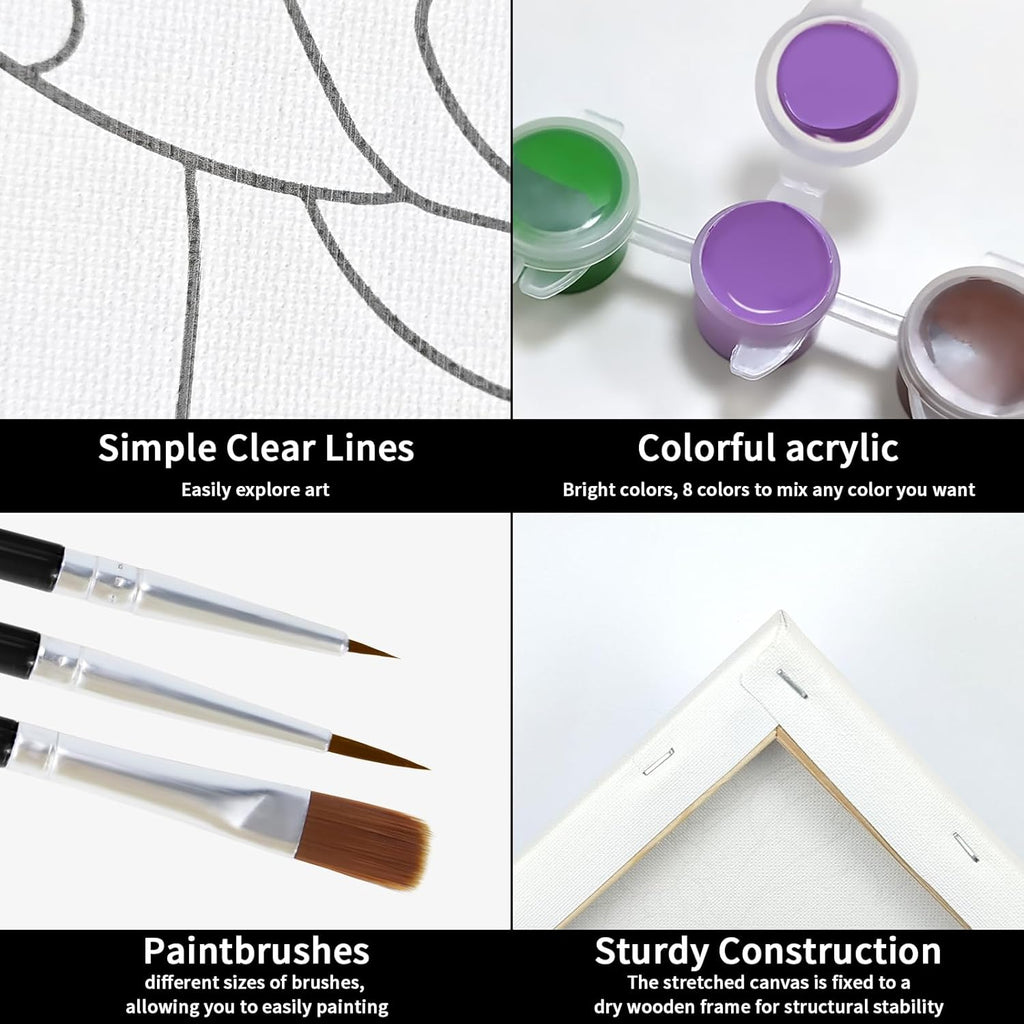 Paint and Sip Kit Pre Drawn Canvas Painting Set for Adults with Easel, 8 Acrylic Colors, 3 Brushes S472222