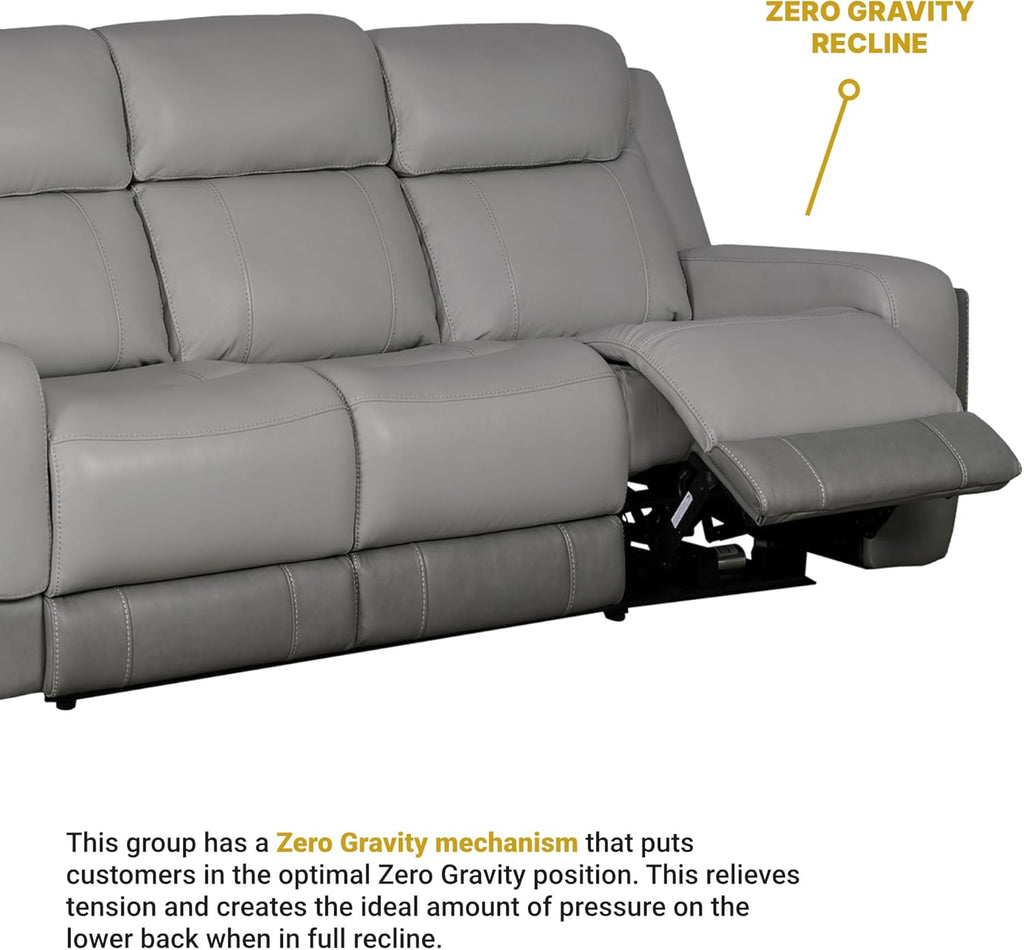 Modern Zero Gravity Power Reclining Sofa with Dropdown Console, 87" Wide, Silver and Gray Leather H4266
