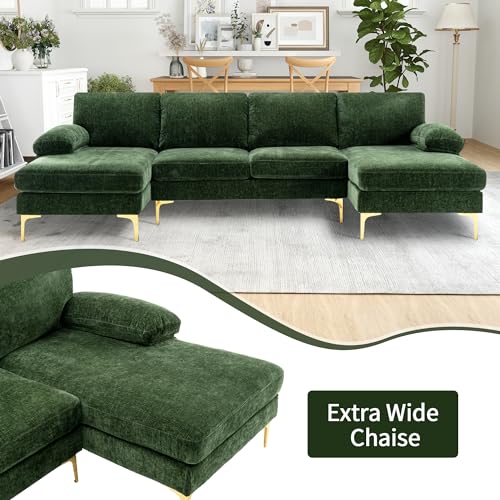 U-Shaped Sectional Couch for Living Room, 110 in Chenille 4 Seater with Double Chaises and Metal Legs T71007