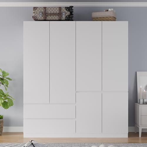 Armoire Wardrobe Closet with Drawers and Doors, 4 Door 2 Drawers White Bedroom Armoires Wooden Wardrobe with Shelves and Hanging Rod, 20.39" D x 63" W x 78.74" H