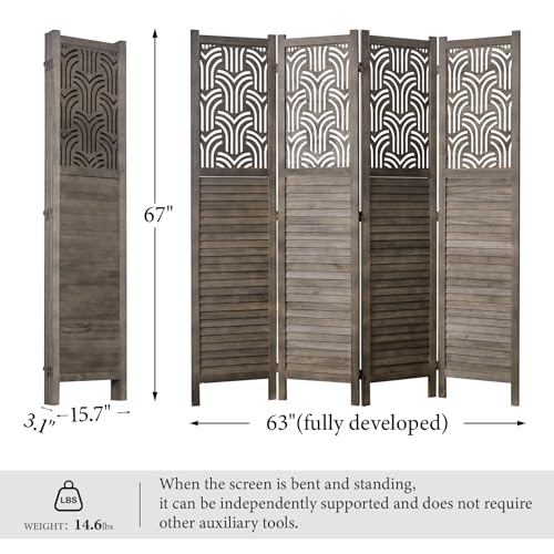 Wood Carved Room Divider, 4 Panel Folding Partition Screen I62007