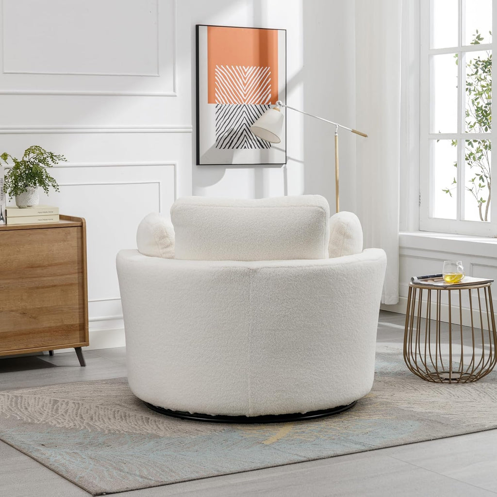 Swivel Accent Barrel Chair with 3 Pillows, Ivory Sherpa U8949