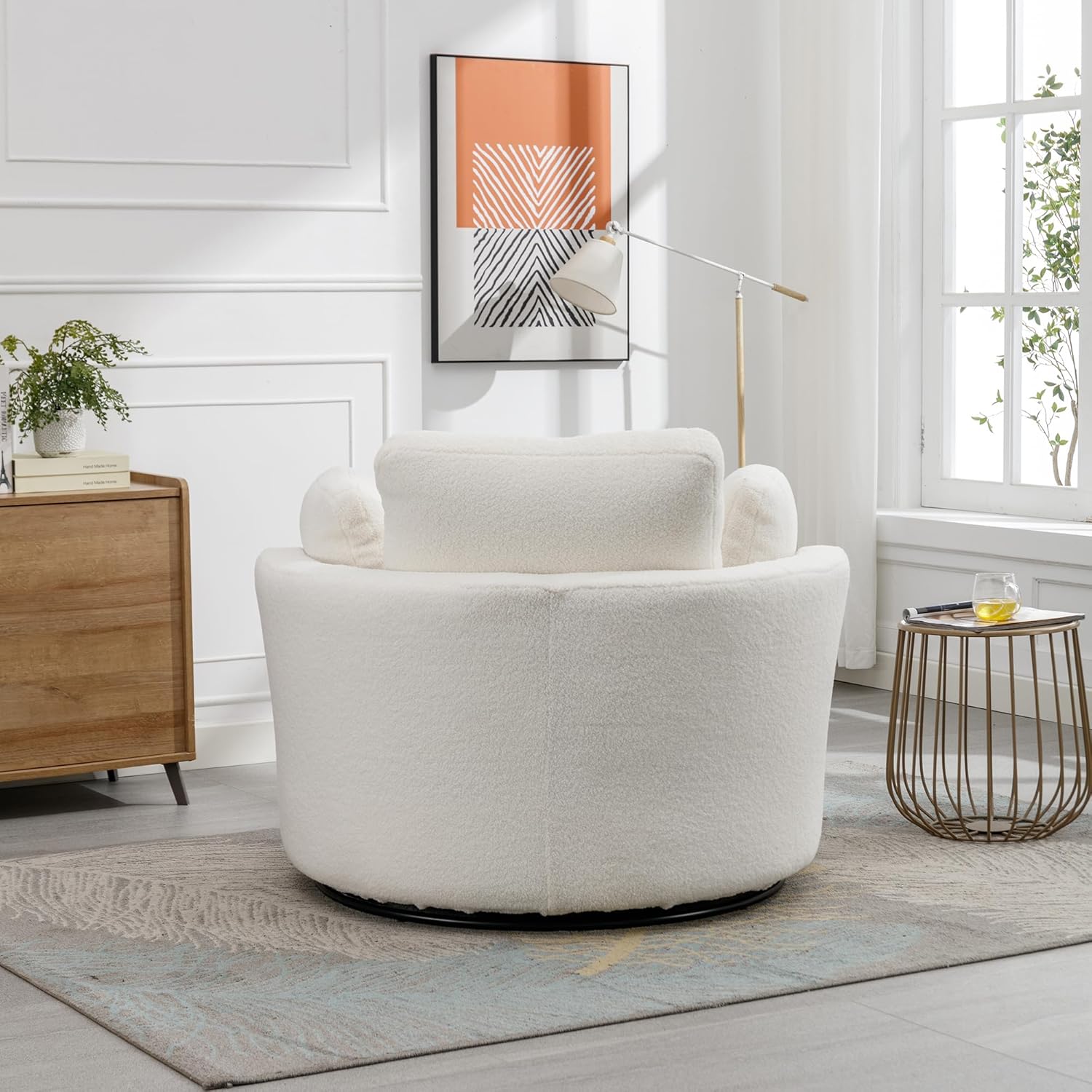 Swivel Accent Barrel Chair with 3 Pillows, Ivory Sherpa U8949