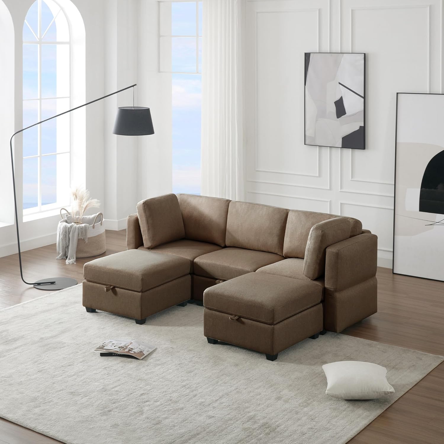 Modular Sectional Sofa with Chaise and Storage, Brown J380