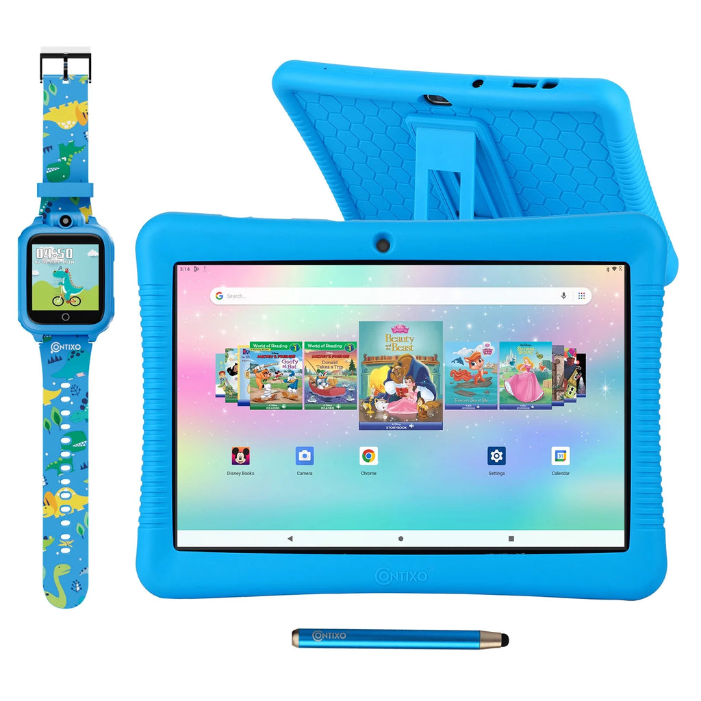 Contixo 10" Android Kids Tablet and Smart Watch Bundle 64GB, Includes 80+ Disney Storybooks & Stickers (Value $400), Kid-Proof Case with Kickstand & Stylus, (2023 Model) - Blue