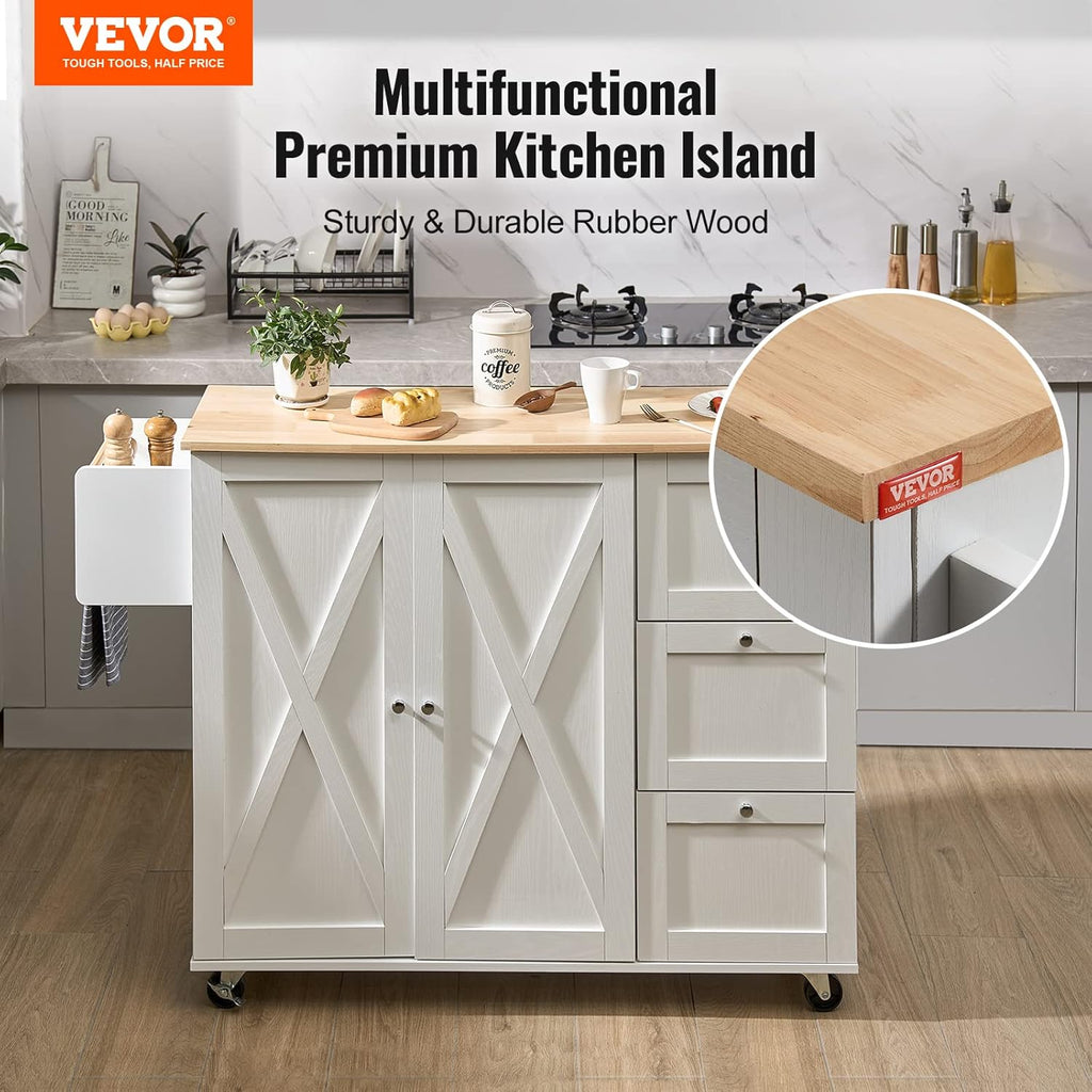 Kitchen Island Cart with Solid Wood Top, Rolling Storage Cabinet, White F7036