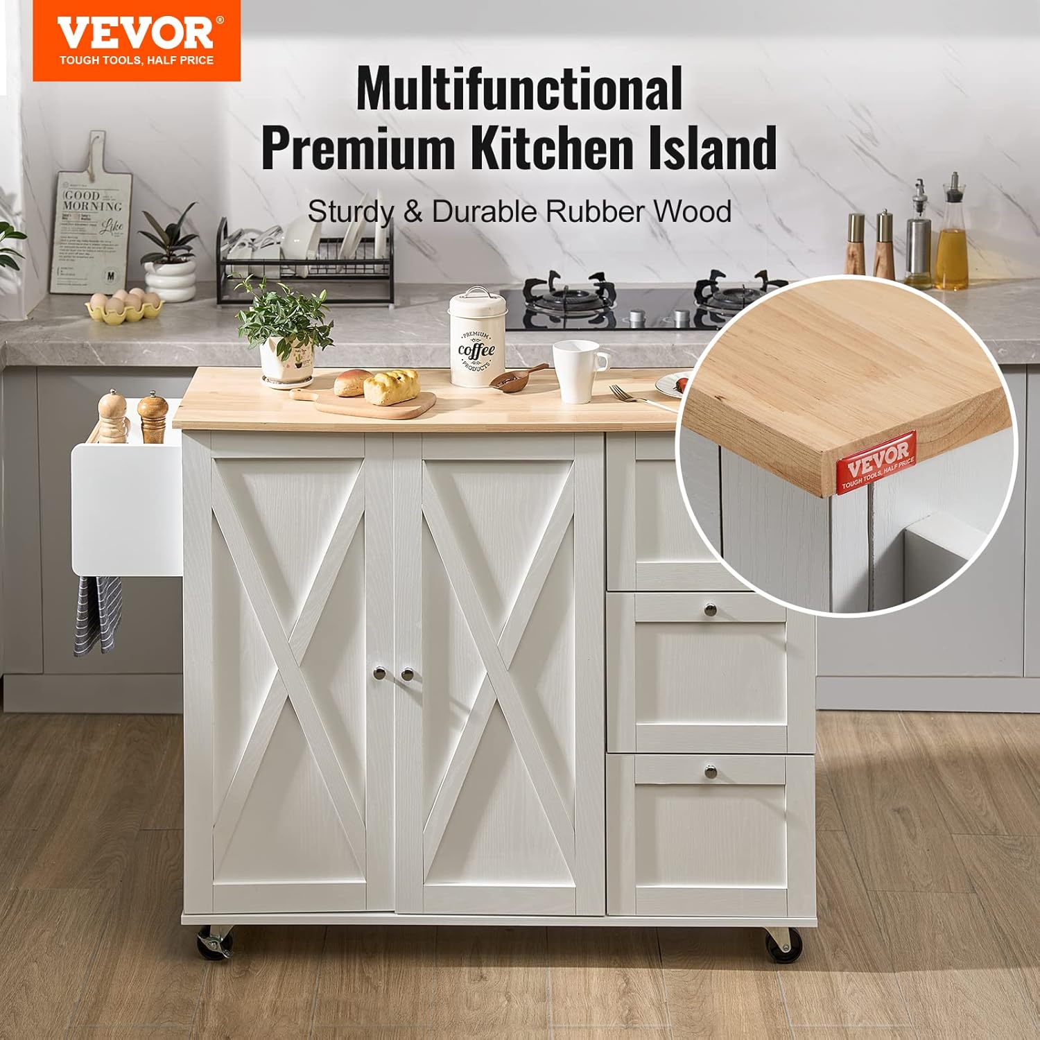 Kitchen Island Cart with Solid Wood Top, Rolling Storage Cabinet, White F7036