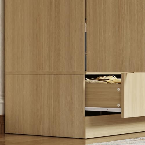 Modern Armoire Wardrobe Closet with 8 Doors and 2 Drawers, Light Brown Wood Grain E2835
