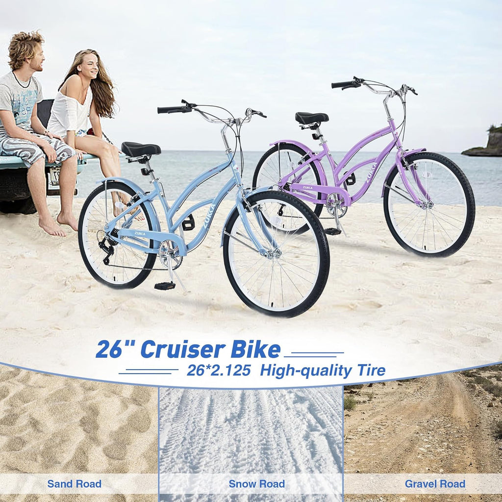 Beach Cruiser Bike 26 Inch 7 Speeds Steel Frame for Women Q55767