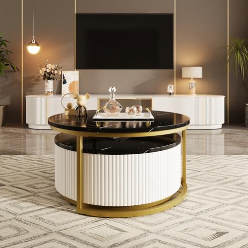 Round Nesting Coffee Table with Drawer, White & Gold N86769