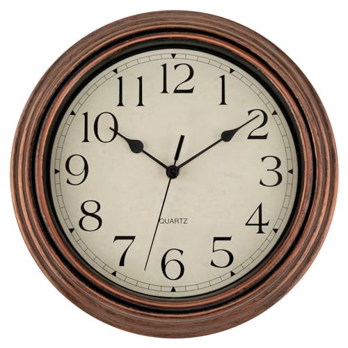 Foxtop Retro Silent Non-Ticking Round Classic Clock Quartz Decorative Battery Operated Wall Clock for Living Room Kitchen Home Office 12 inch (Bronze)