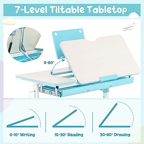 Kids Desk and Chair Set, Height-Adjustable Study Desk with Tiltable Desktop, Ergonomic Chair V578