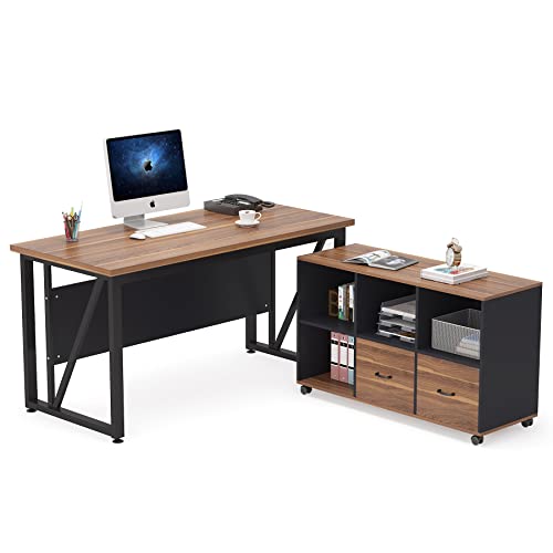 Executive Desk with Lateral File Cabinet, L-Shaped Computer Desk with Drawers and Shelves J291244