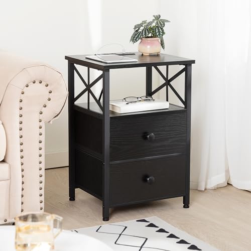 Nightstand Set of 2 with Charging Station, USB Ports and Outlets, Fabric Drawers, Dark Grey W975874