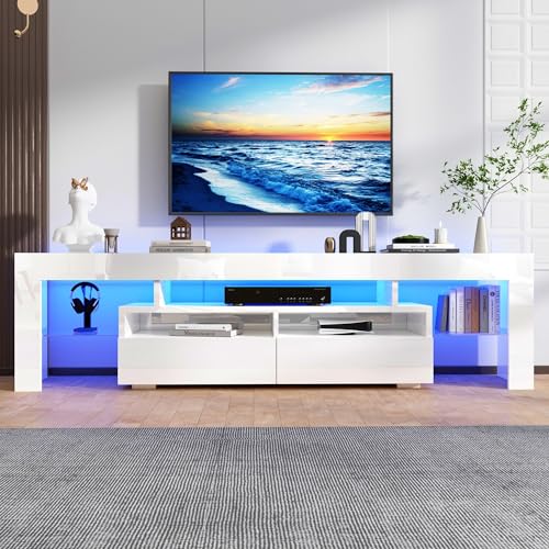 TV Stand for 75/80 inch TV, Modern LED TV Stand with Storage Drawer, RGB Light, White P95722